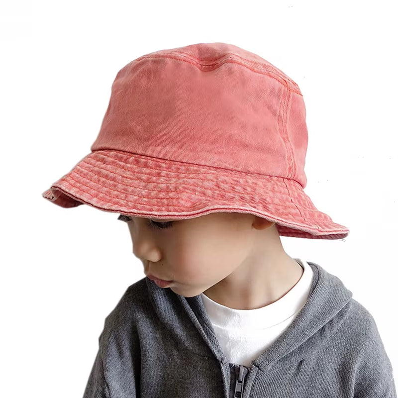 Washed Denim Bucket Hat Kids Wide Brim Cotton Fisherman Hat Girls Boys Summer Panama Sun Hat Outdoor Beach Fishing Cap